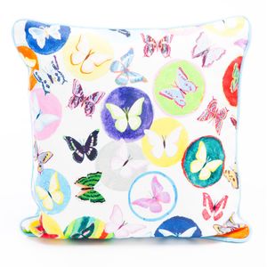 SQUARE CUSHION - Balls and Butterflies (Pink Piping)  (Avail F0 6/22)
