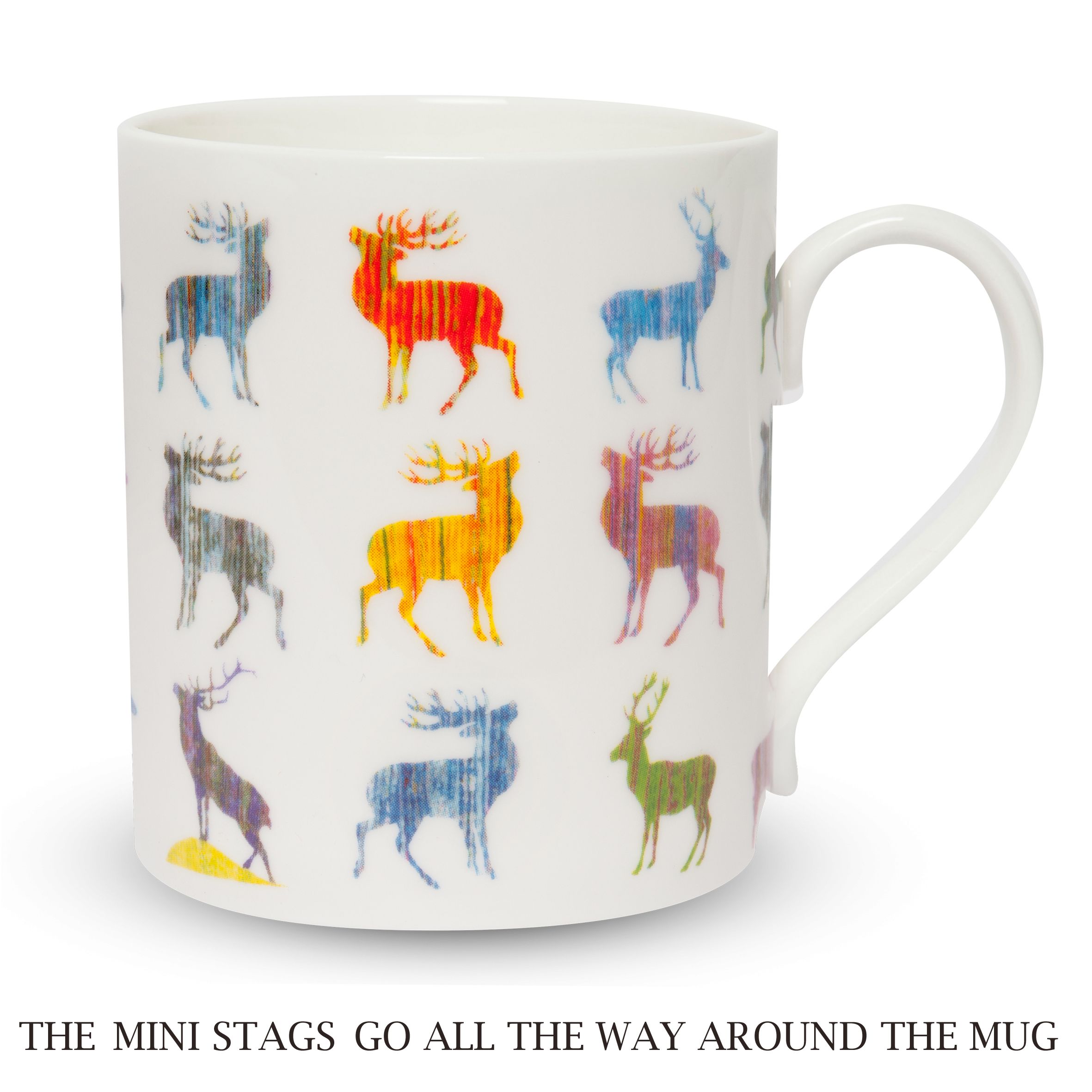 Multi Coloured Stags Mug on white background with text Multi Coloured Stags Mug