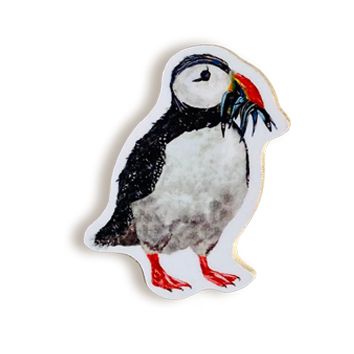 TINY image fat puffin with fish magnet on white