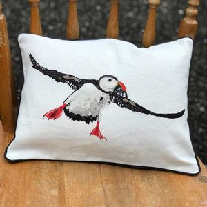 RECTANGULAR CUSHION - Puffin Flying (Charcoal Piping) (Avail R0F2; 5/24)