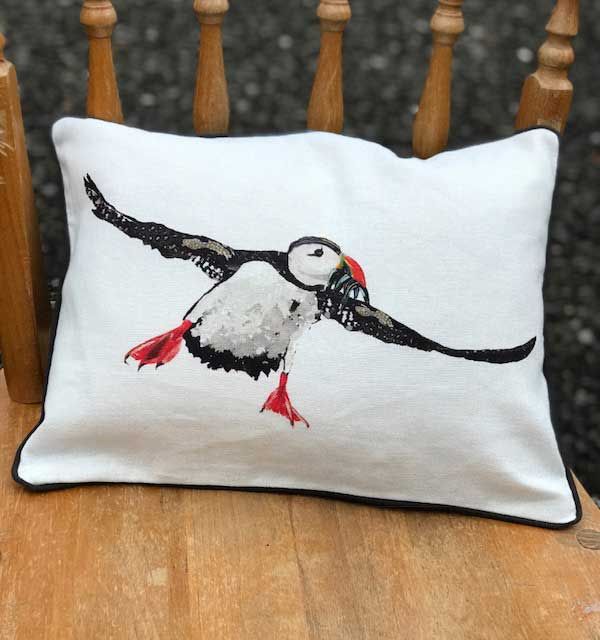 RECTANGULAR CUSHION - Puffin Flying (Charcoal Piping) (Avail R0F2; 5/24)