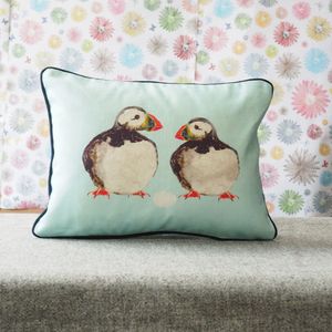 RECTANGULAR CUSHION - Puffins with Egg on Blue (Avail R13F7; 5/24)