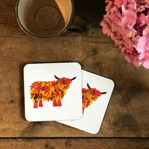 COASTER - Set of 2 - Leaf Highland Cow Design