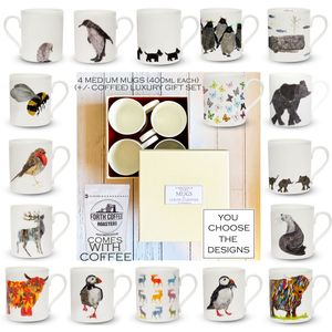 POP MUGS & COFFEE GIFT SET - FOUR Medium (Pop) Mugs with coffee in a gift box - You choose the designs