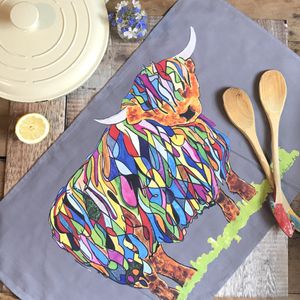 TEA TOWEL IN A GIFT BAG - Large Bright Highland Cow On Grey