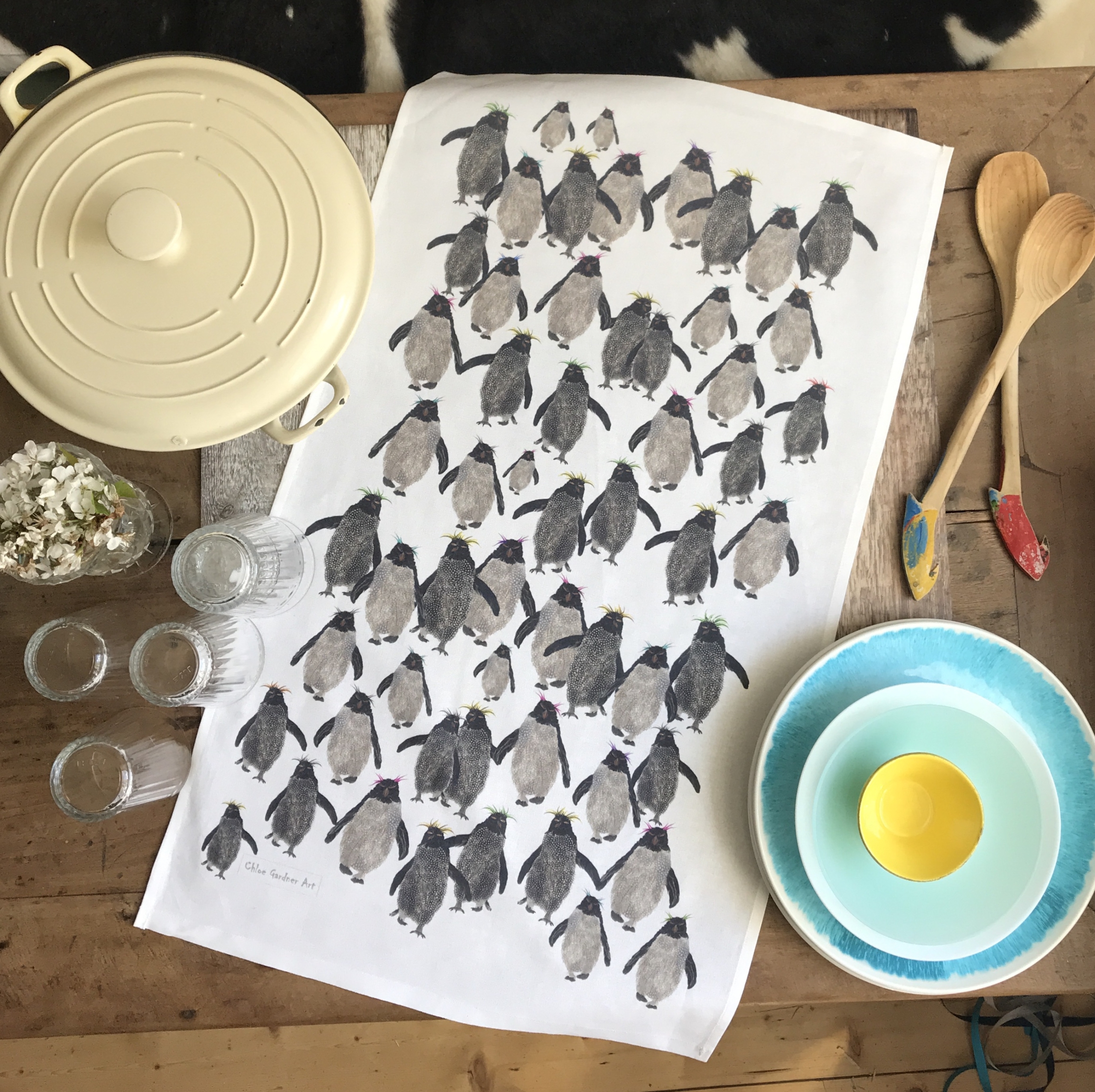 TEA TOWEL IN A GIFT BAG -  Rockhopper Penguins Repeat