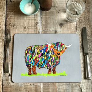TABLEMAT - Oblong- Bright Highland Cow Design on Grey