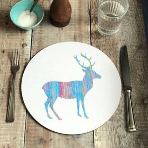 ON SALE - ROUND TABLEMAT - Blue and Pink Deer Facing Right
