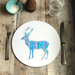 ON SALE - ROUND TABLEMAT - Blue and Pink Deer Facing Left