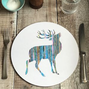 ON SALE - ROUND TABLEMAT - Blue Multi coloured Stripy Stag