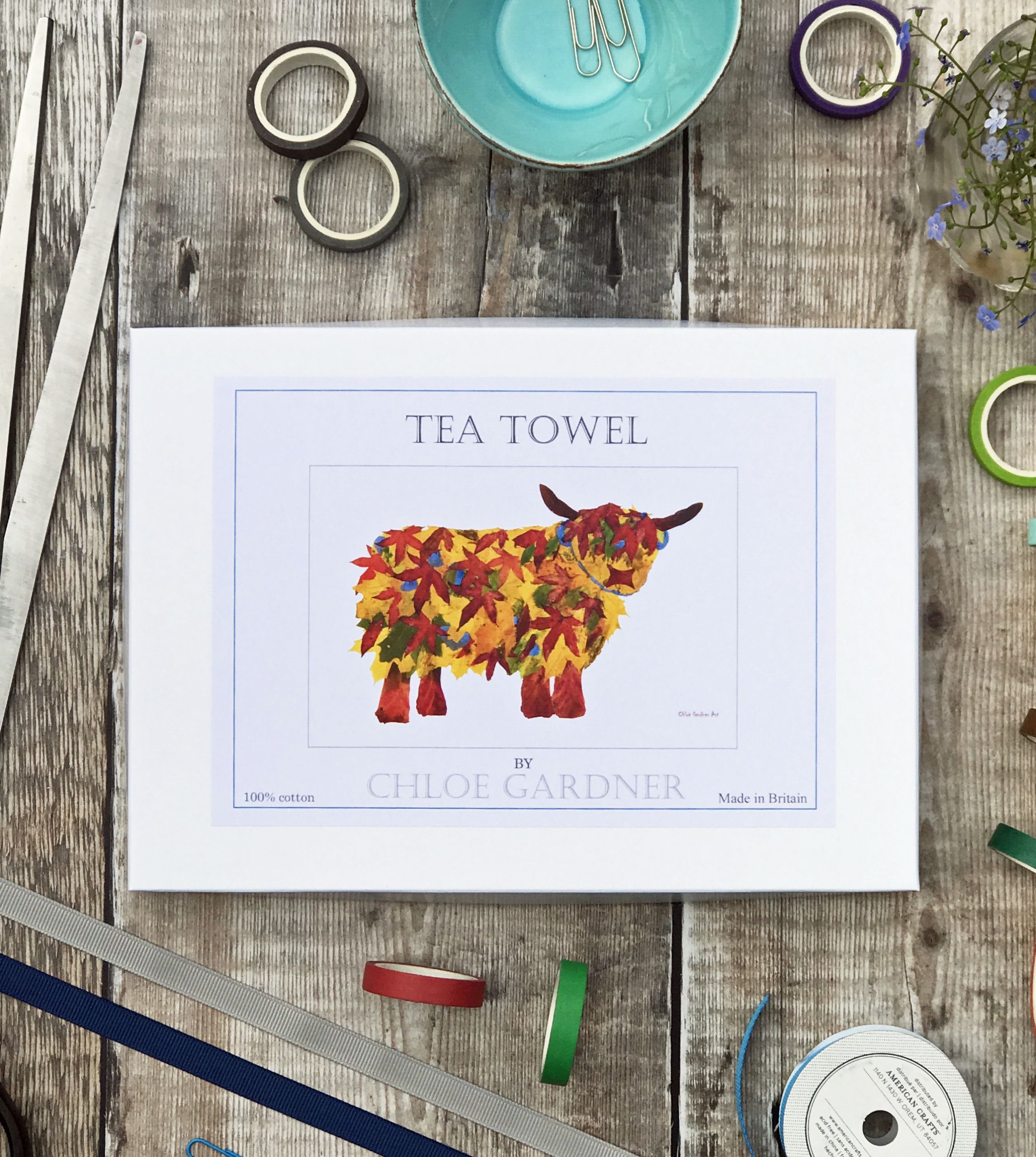 TEATOWEL BOXED LEAF COW A