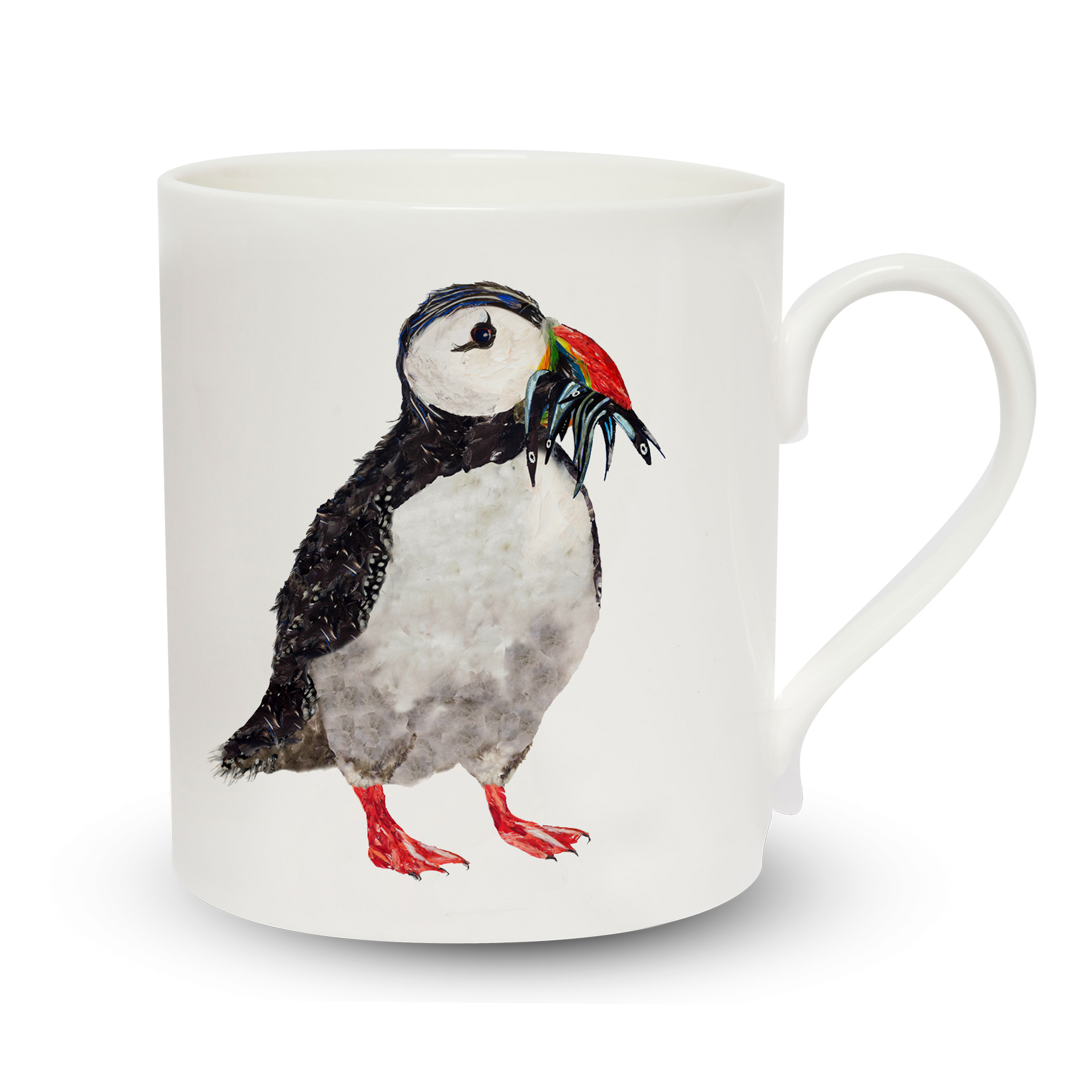 mug pop on white puffin with fish