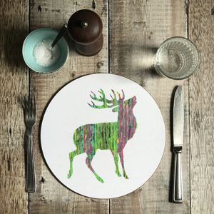 ON SALE - ROUND TABLEMAT - Green and Pink Stag