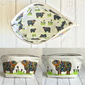 Washbag 2 - Bright Highland cow design - printed nylon inside to surprise you & make you smile!