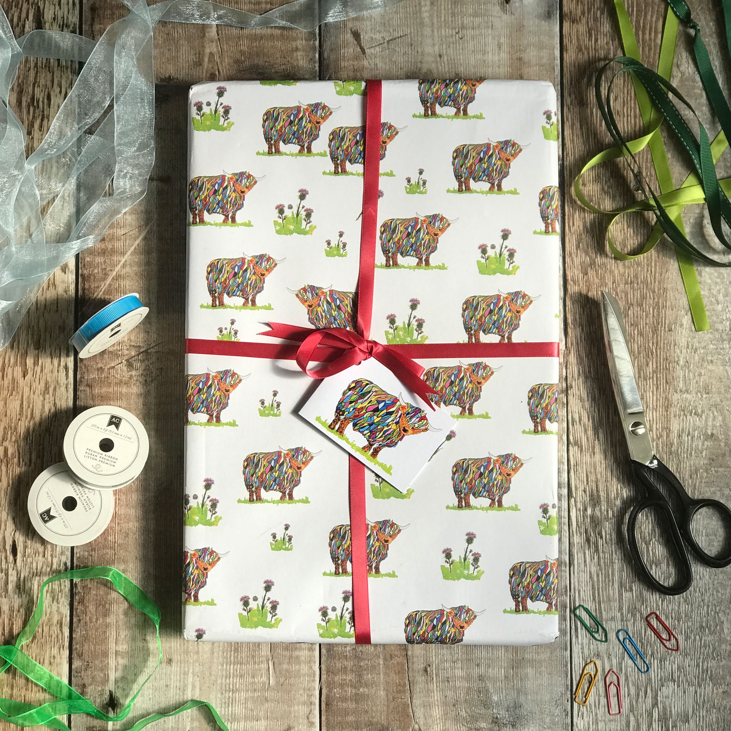 wrapping paper bright highland cow and thistle square image