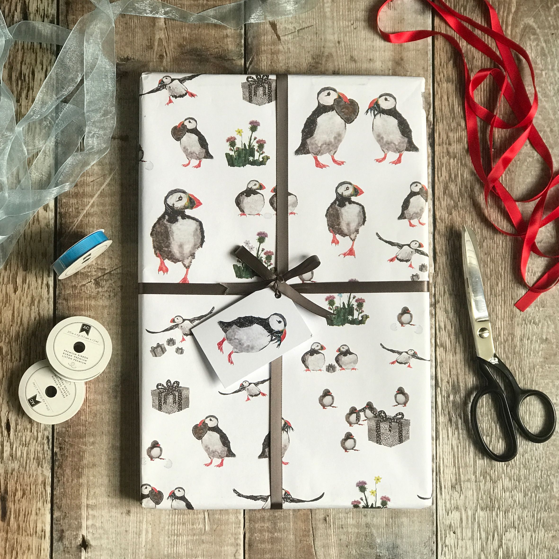 wrapping paper puffins square image
