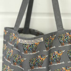 Large Bag - Bright Cow Repeat on Grey with Grey Handles
