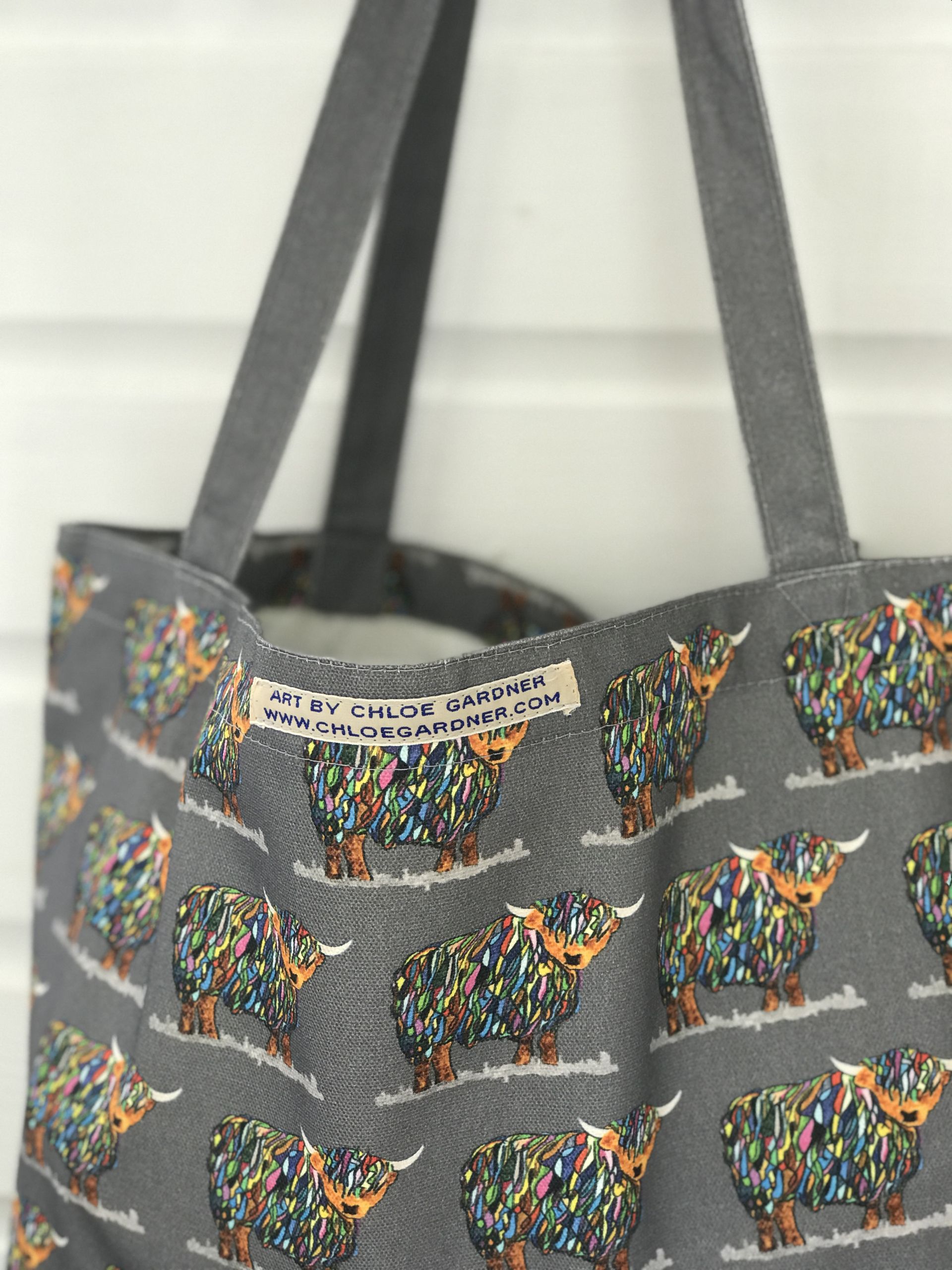 Large Bag - Bright Cow Repeat on Grey with Grey Handles