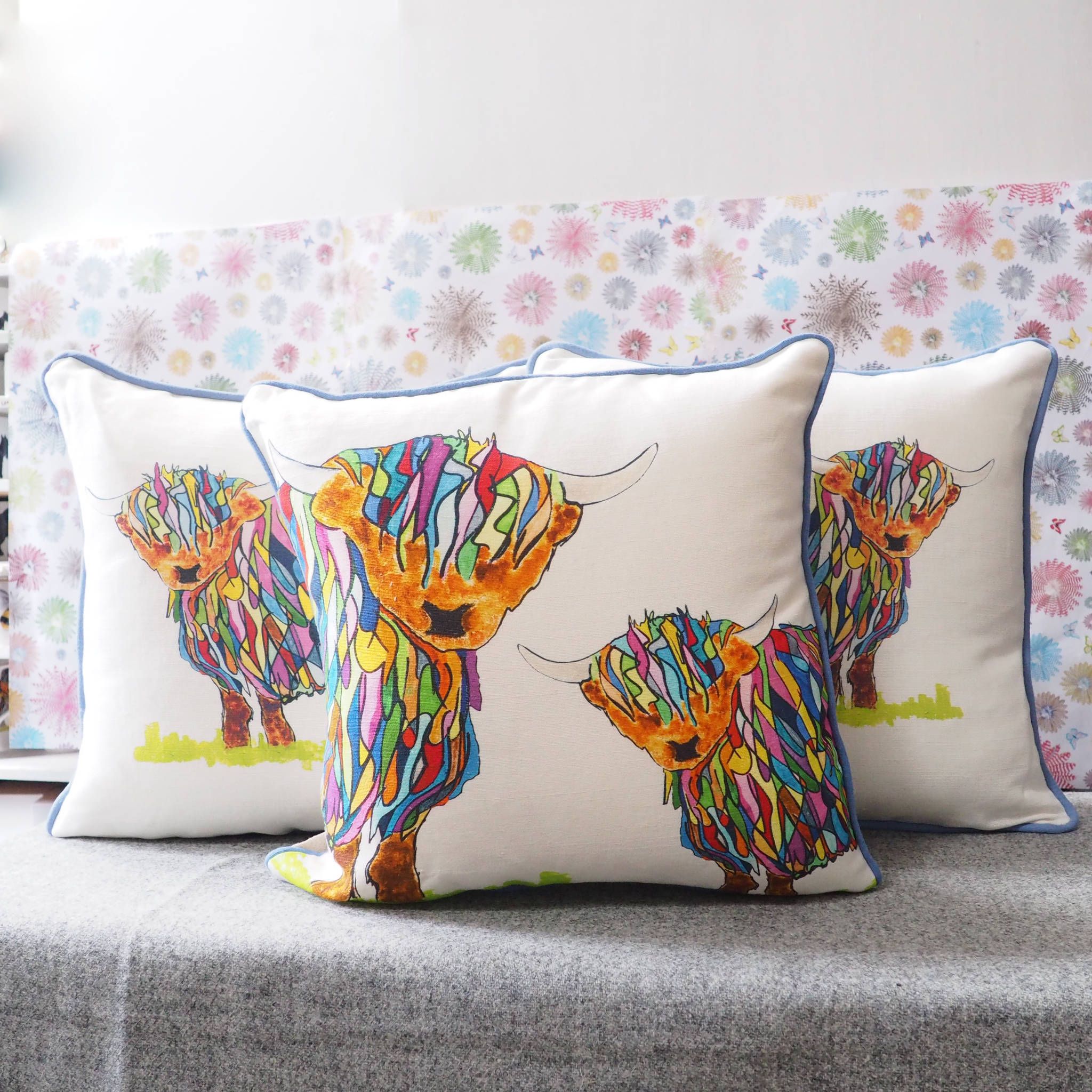 Bright Highland Cow and baby Cushion by Chloe Gardner Bright Highland Cow and baby Cushion by Chloe Gardner