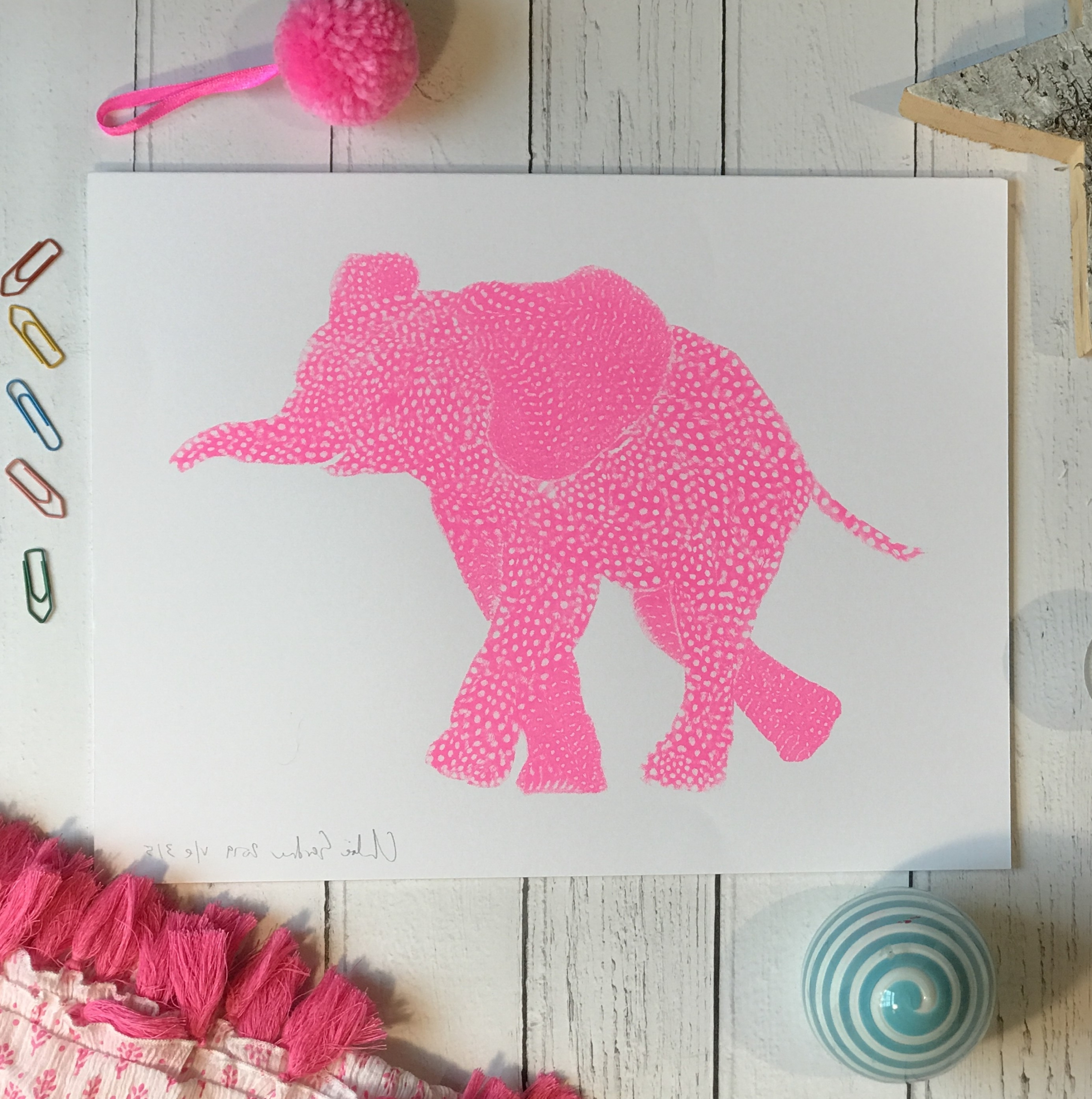 Screen Print Edition of 5- Small- Flouro Pink Elephant facing left