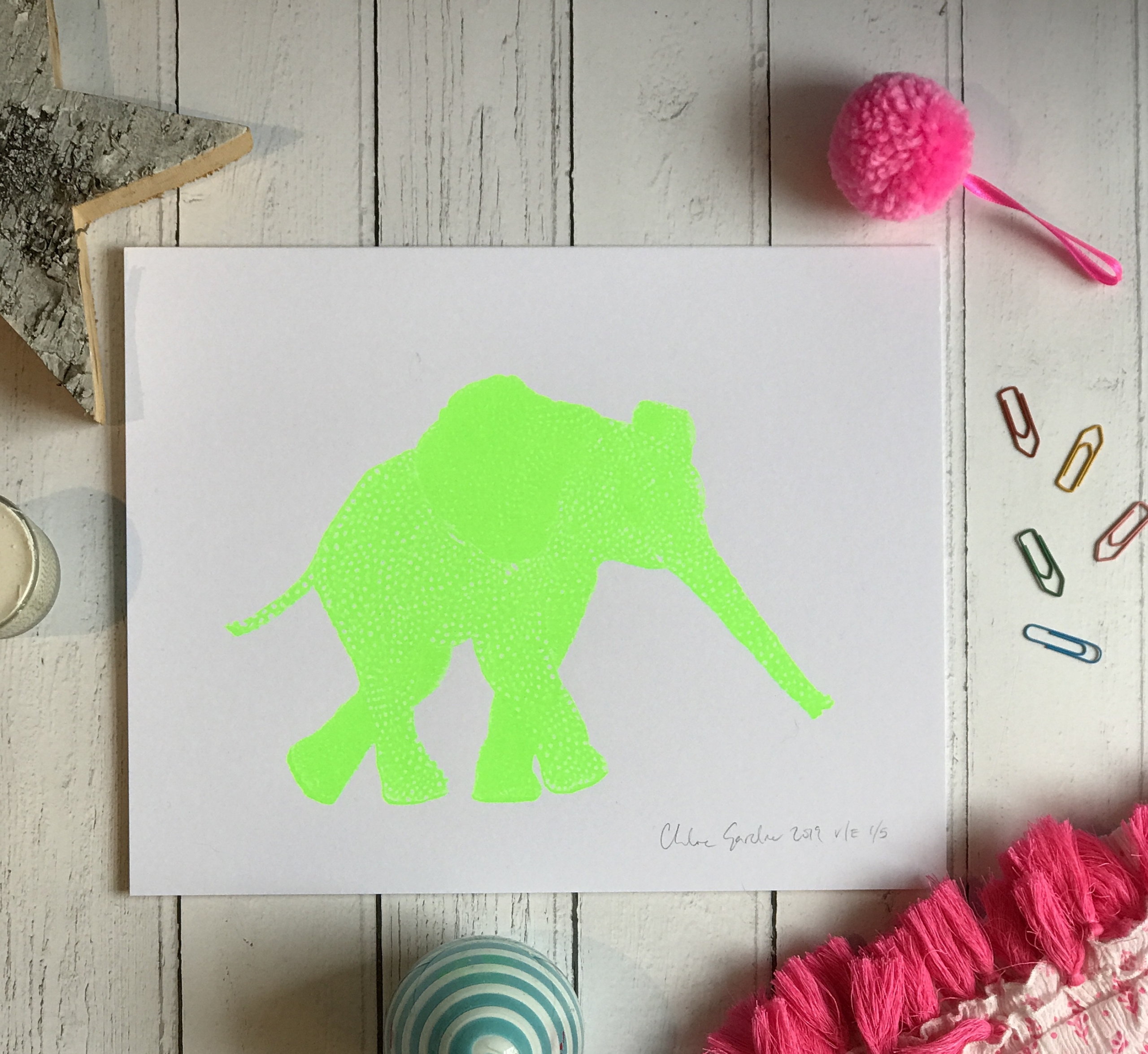 Screen Print Edition of 5- Small- Flouro green Elephant facing right with a long outstretched trunk