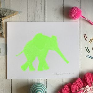 Screen Print Edition of 5- Small- Flouro green Elephant facing right with a long outstretched trunk
