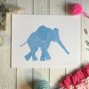 Screen Print Edition of 5- Small- Flouro blue Elephant facing right with a long outstretched trunk
