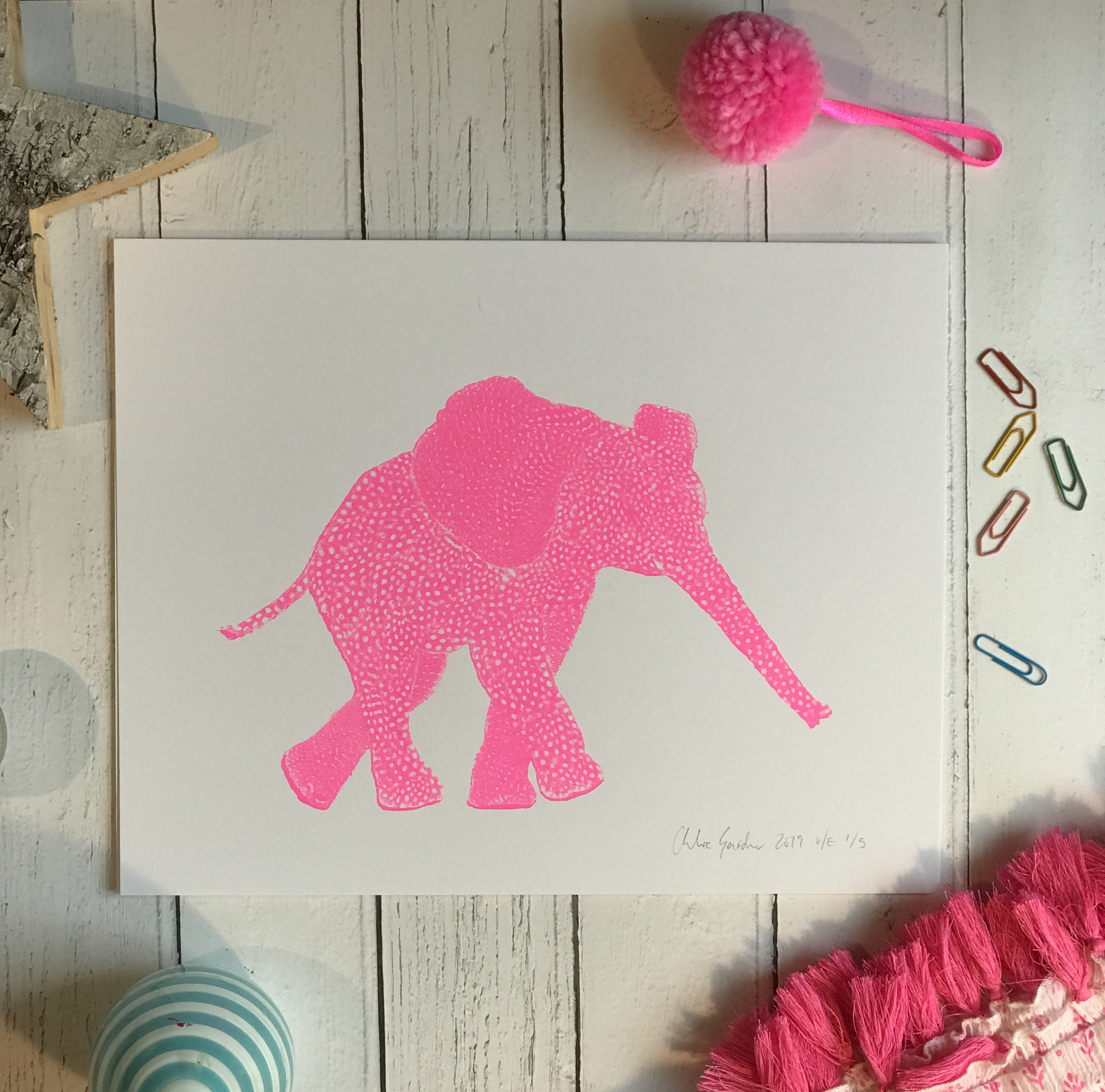 Screen Print Edition of 5- Small- Flouro Pink Elephant facing right with a long outstretched trunk