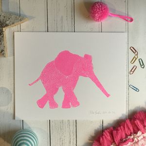 Screen Print Edition of 5- Small- Flouro Pink Elephant facing right with a long outstretched trunk