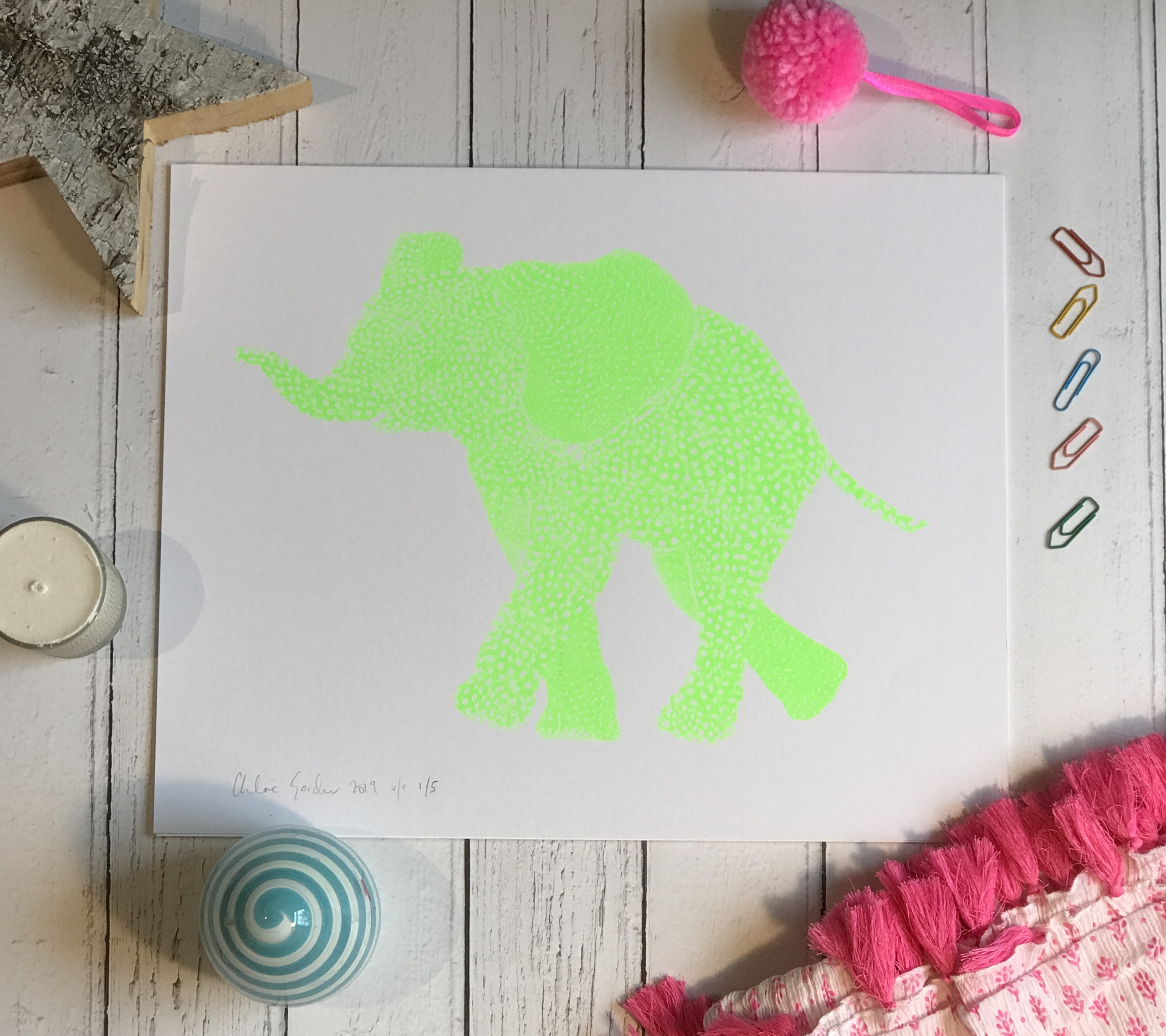Screen Print Edition of 5- Small- Flouro green Elephant facing left