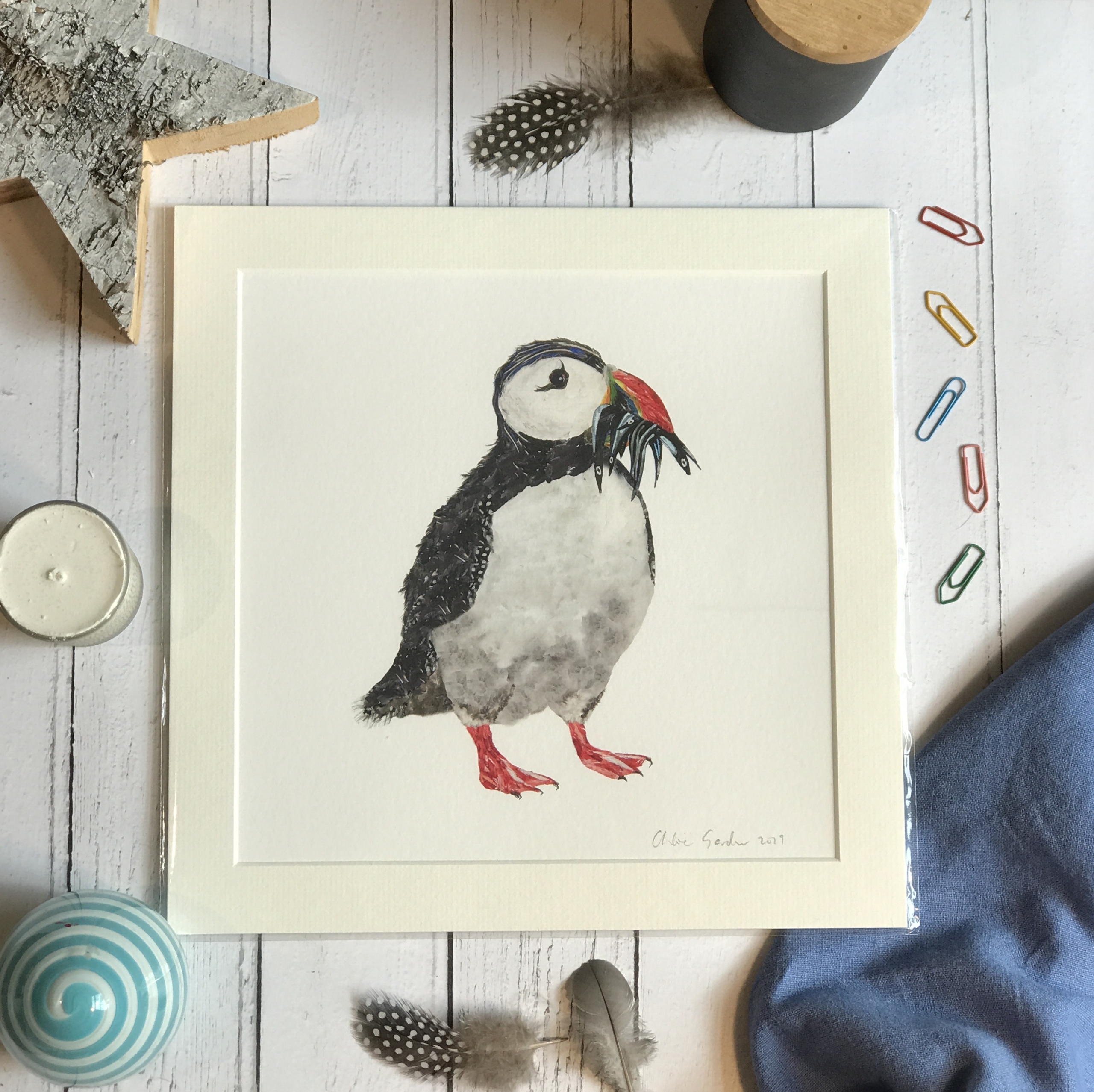 Unframed Print - Square in a mount and bag for 12 inch frame - Puffin with fish  (Avail:5 02/24)