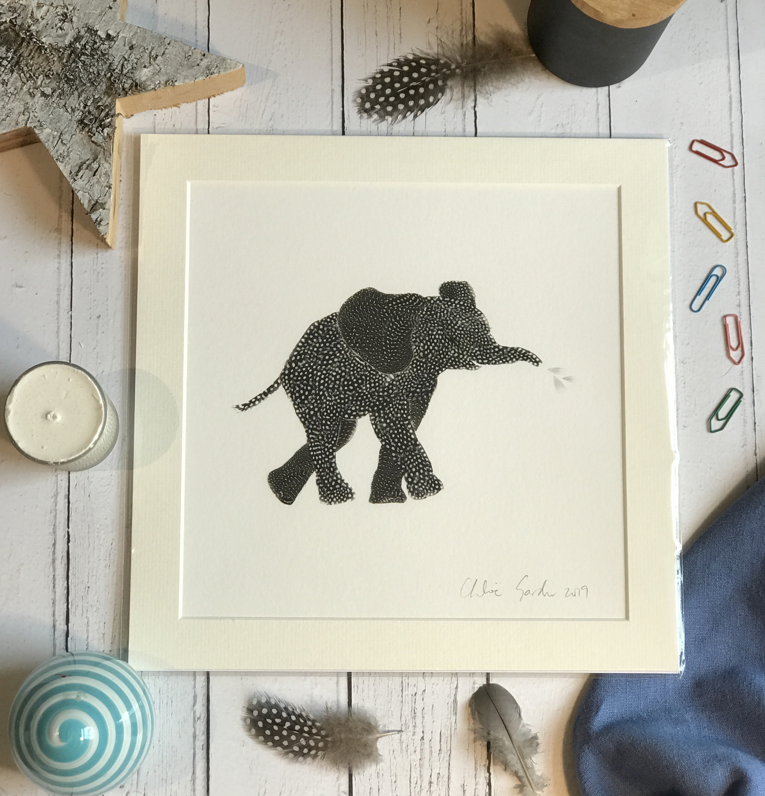 Unframed Print - Square in a mount and bag for 12 inch frame - feather elephant  (Avail:2 04/26)