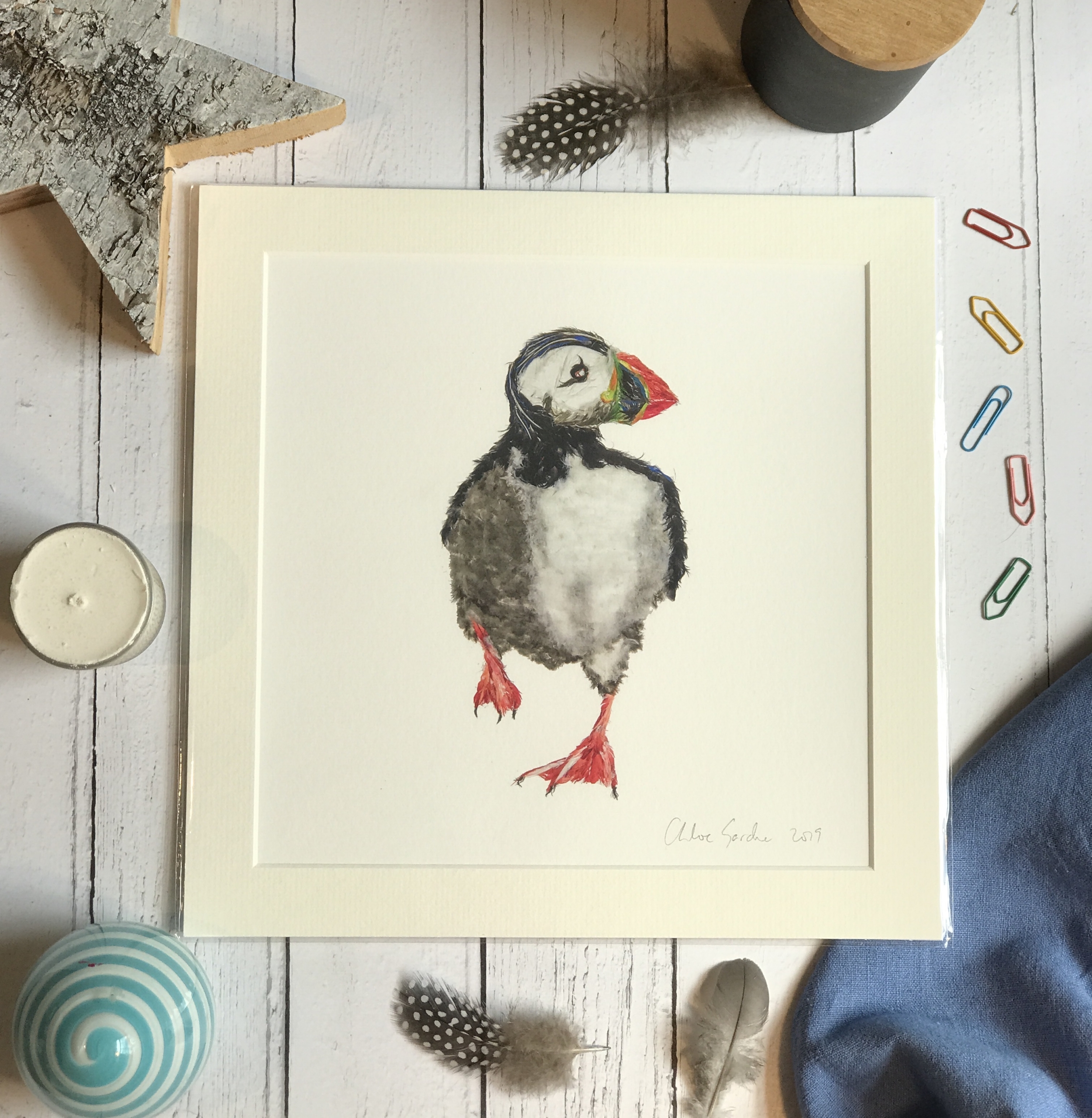 Unframed Print - Square in a mount and bag for 12 inch frame - Running Puffin  (Avail:6 04/26)