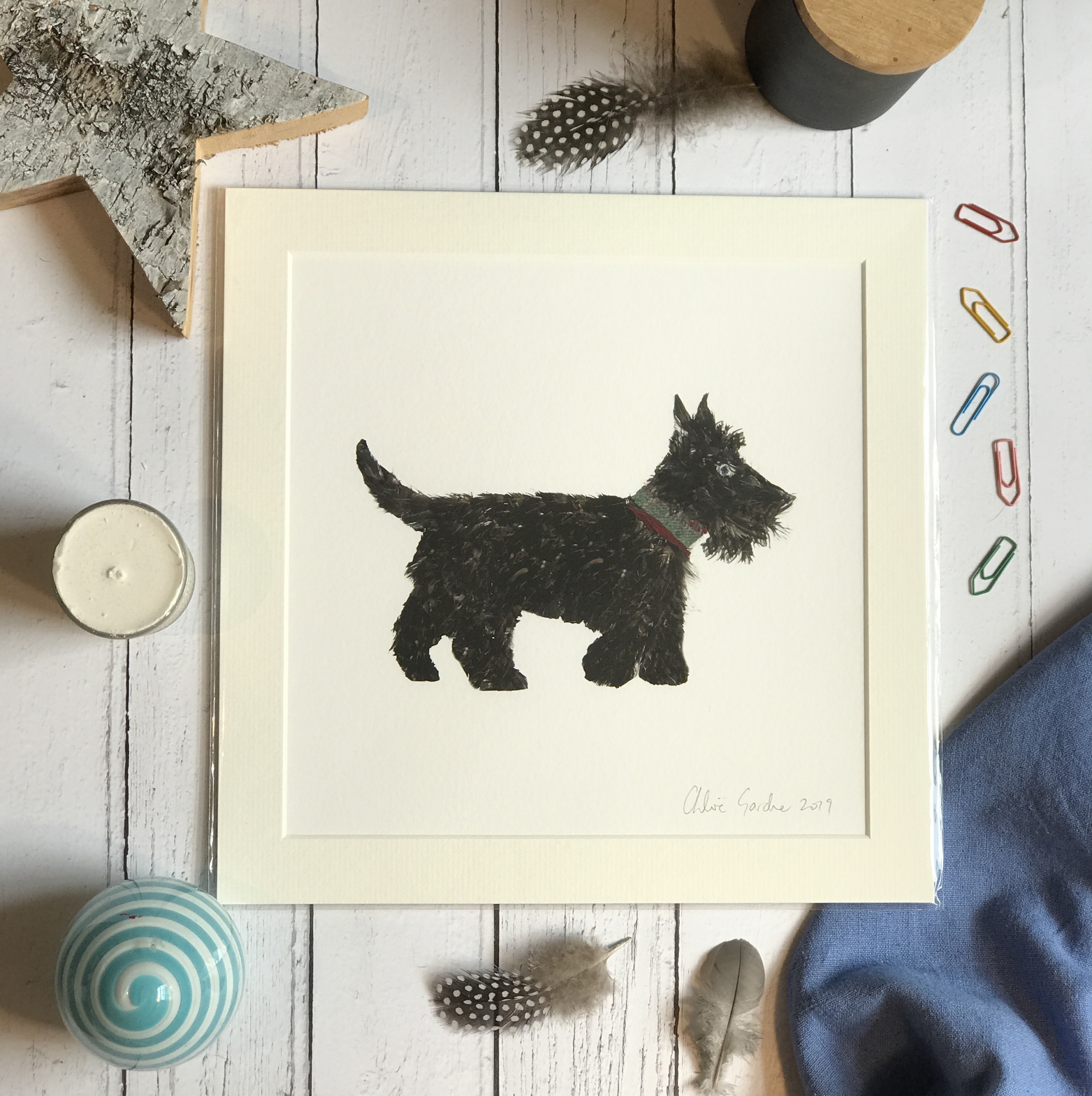 Mini Print - Square in a mount and bag for 8 inch frame - Feather Scottie Dog  (Avail:1 04/26)