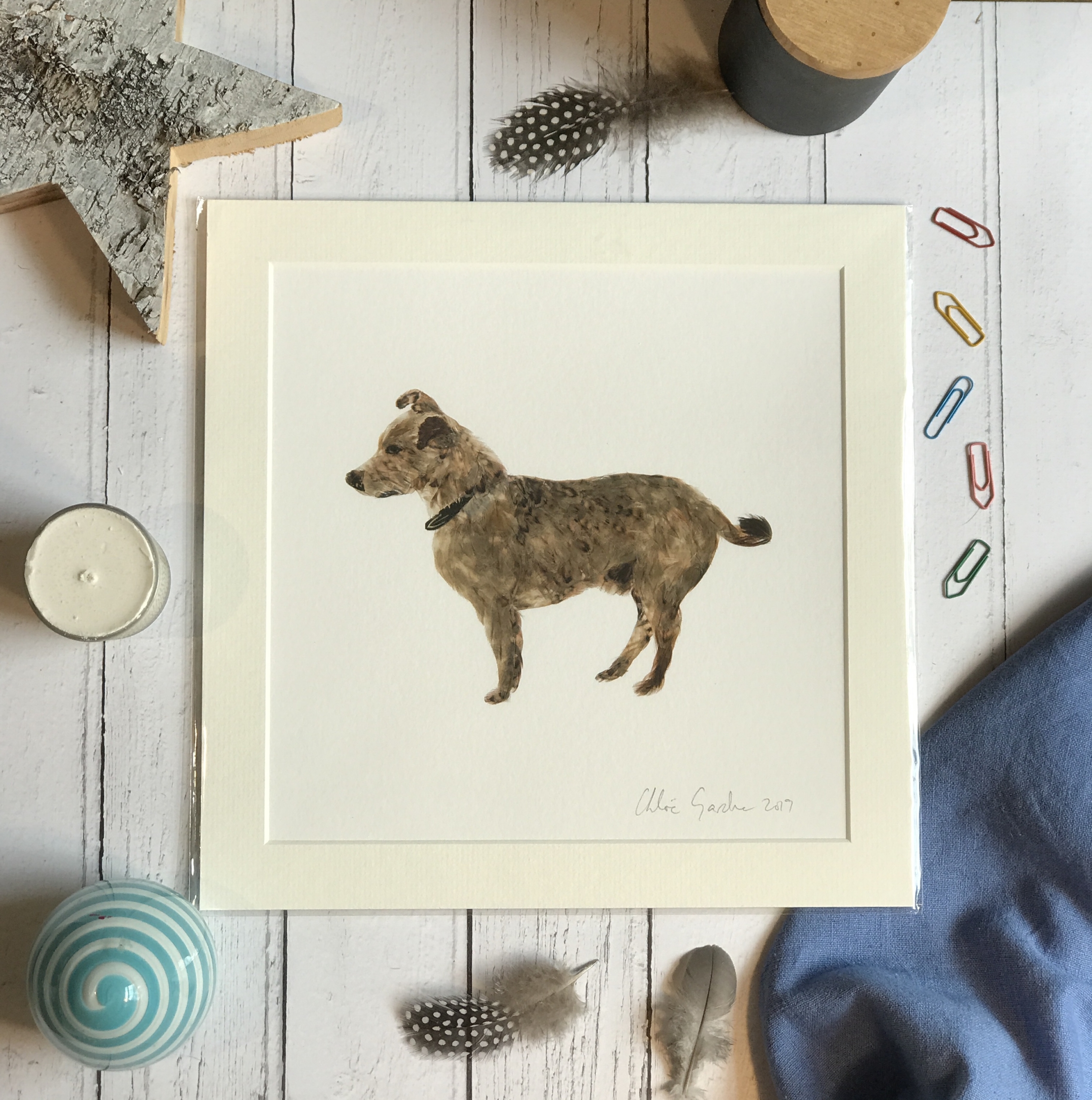 Mini Print - Square in a mount and bag for 8 inch frame - 'Cubby' Feather dog  (Avail:7 04/26))