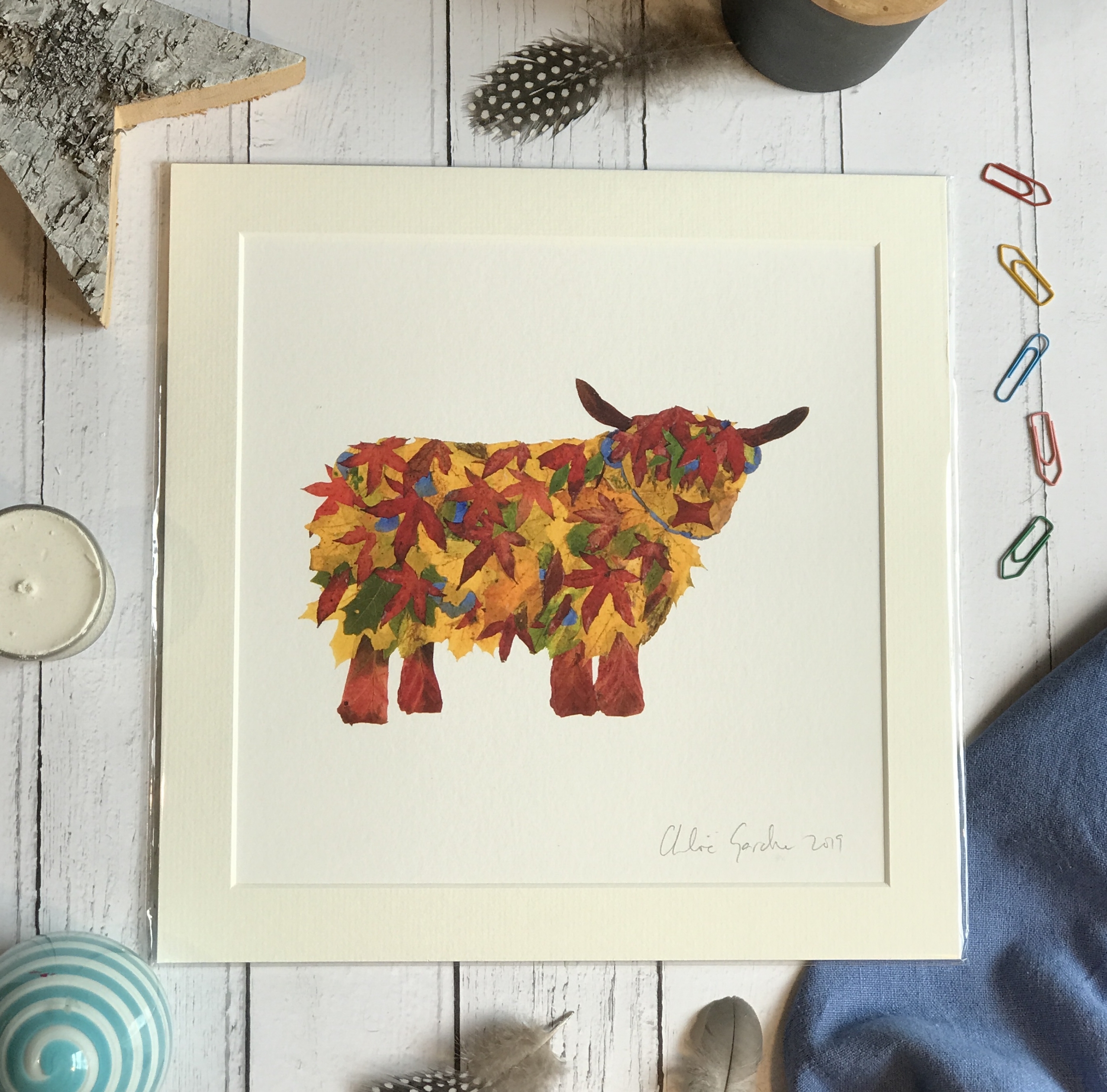 Unframed Print - Square in a mount and bag for 12 inch frame - Leaf Highland Cow  (Avail:3 04/26)