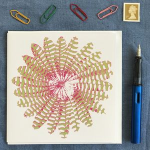 PACK OF THREE - CARD SQUARE - Green and Pink Feather Round