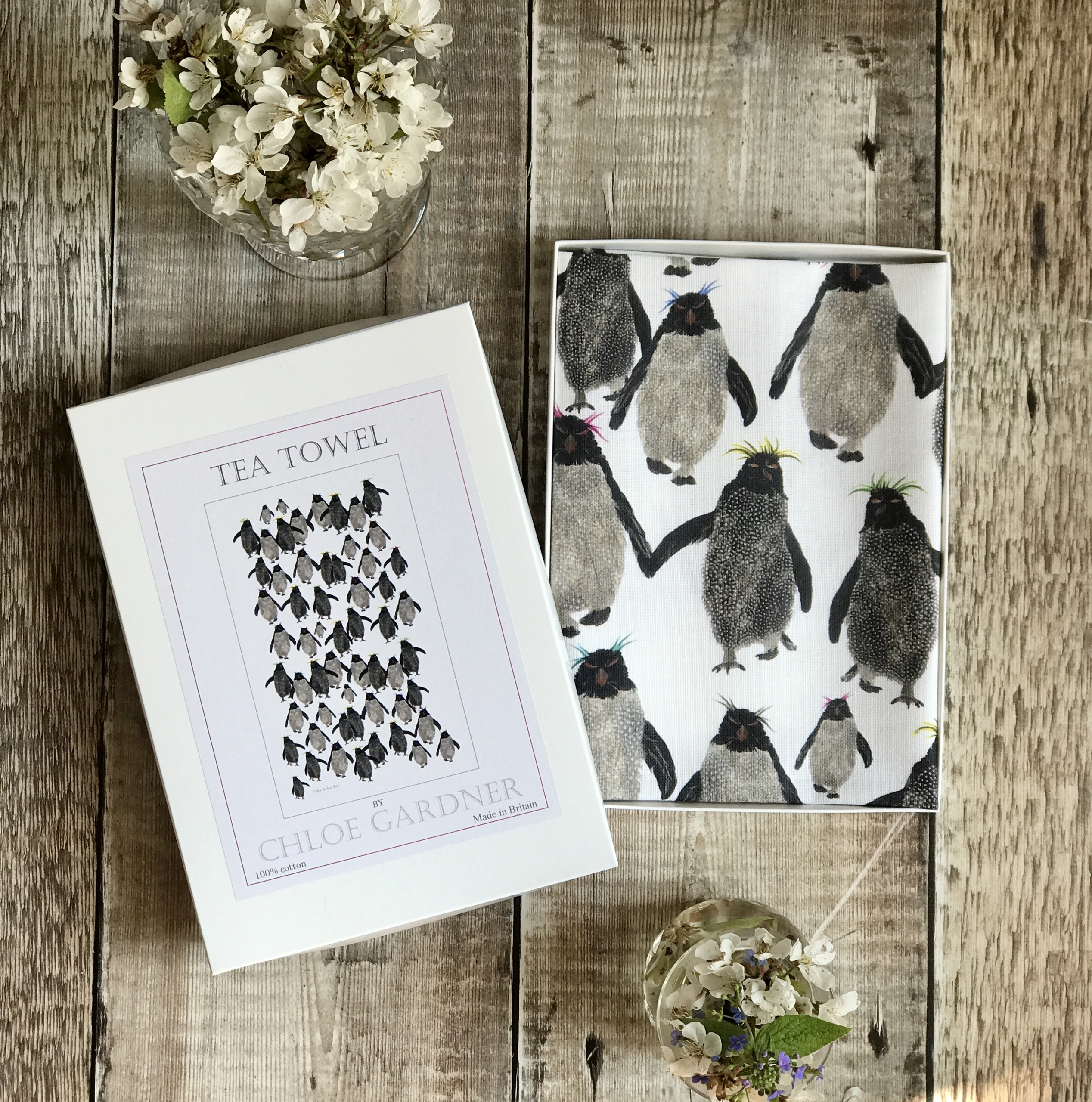 A GIFT BOXED TEA TOWEL -  Rockhopper Penguins Repeat