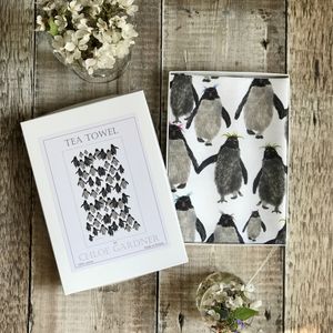 A GIFT BOXED TEA TOWEL -  Rockhopper Penguins Repeat
