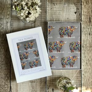 A GIFT BOXED TEA TOWEL - Bright Highland Cow on Grey Repeat