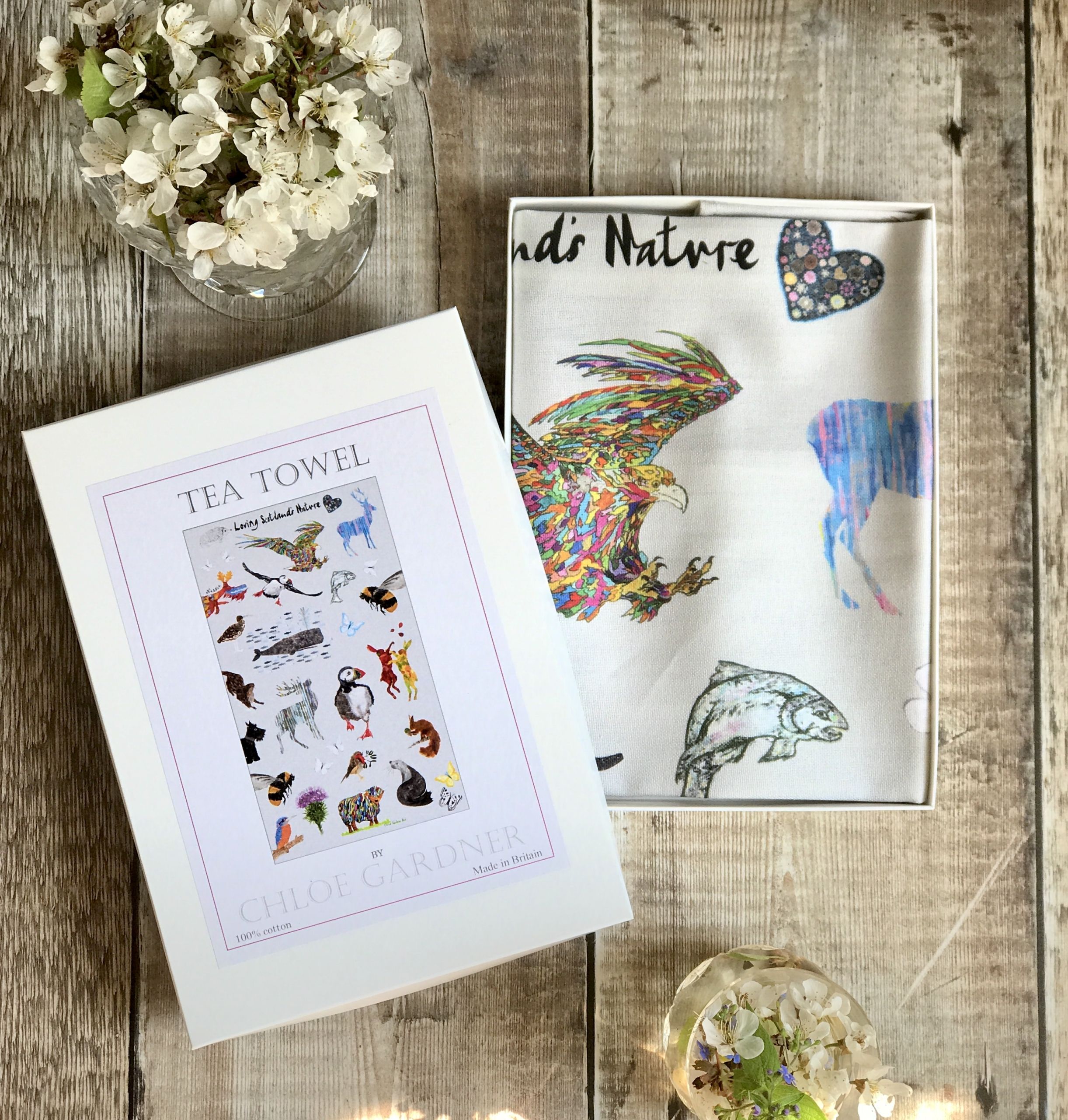 A lovely white tea towel printed with my loving nature design in a gift box.