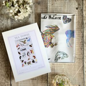 A lovely white tea towel printed with my loving nature design in a gift box.