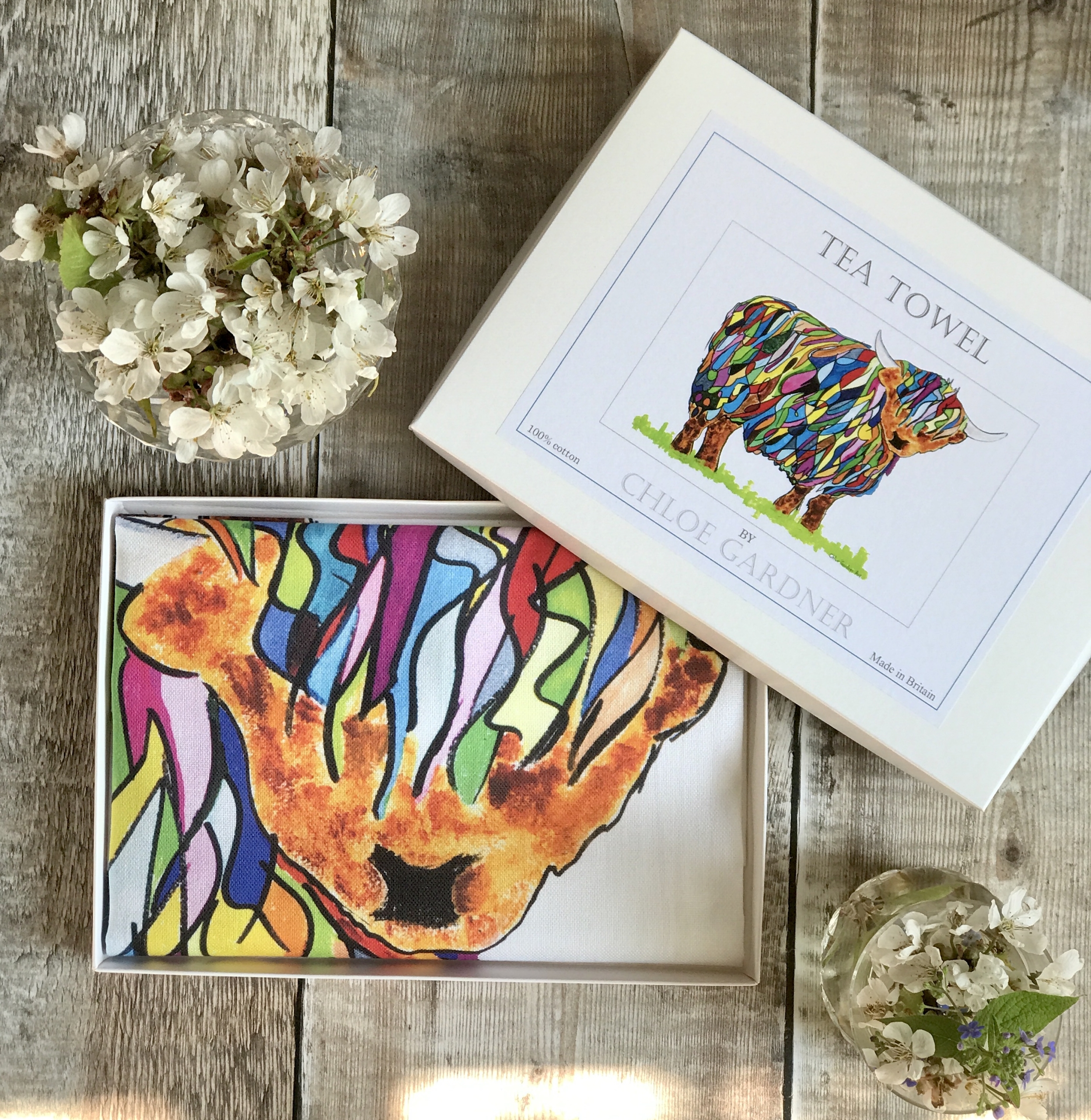 A GIFT BOXED TEA TOWEL - Bright Highland Cow Design on white