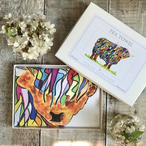 A GIFT BOXED TEA TOWEL - Bright Highland Cow Design on white