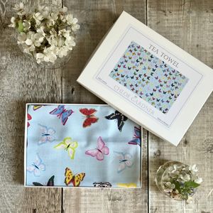 A GIFT BOXED TEA TOWEL - Butterflies Design on Blue
