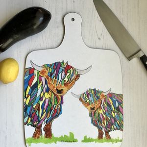 CHOPPING BOARD - LARGE - Bright Highland Cow and baby with Multicoloured Back