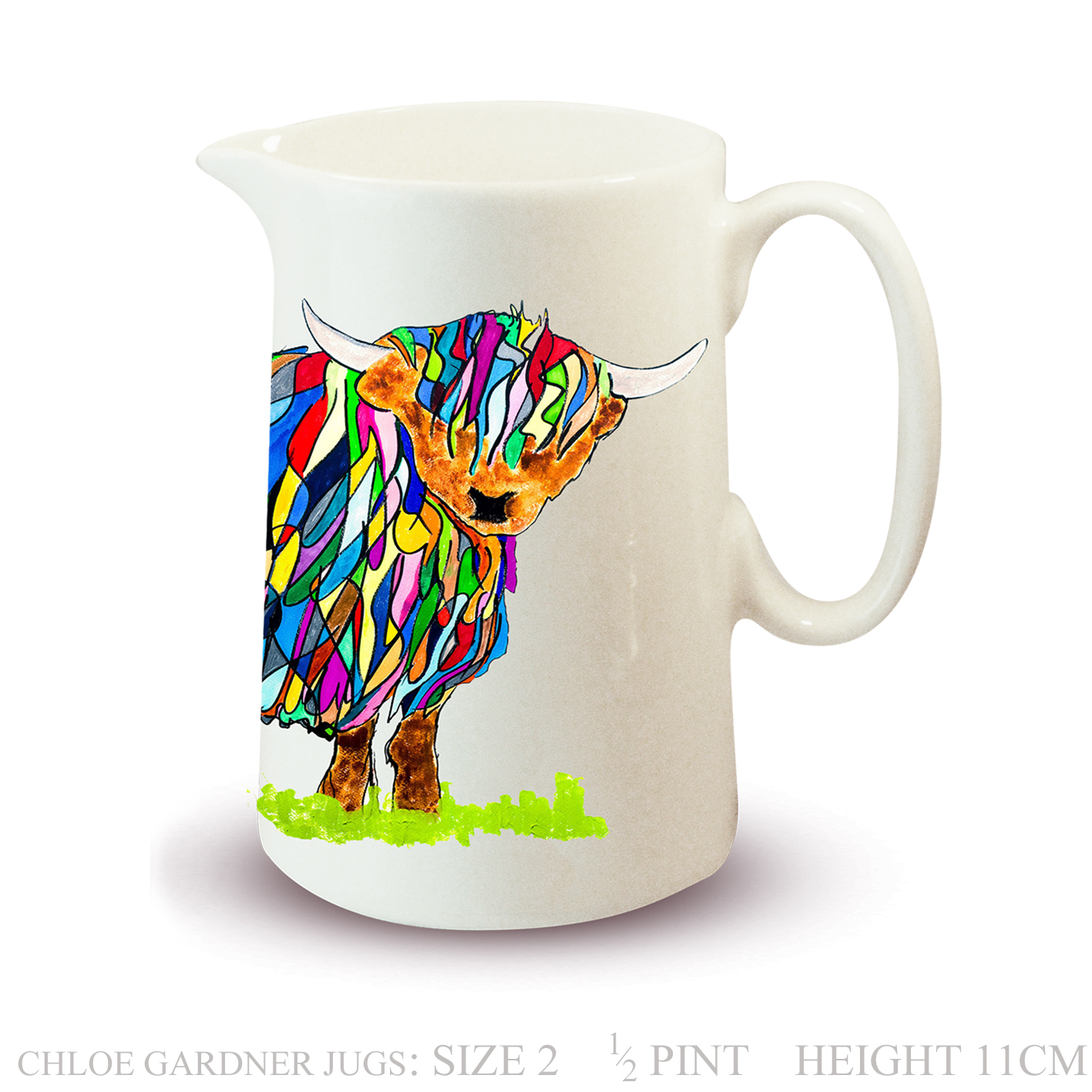 Jug- Half pint - BRIGHT MULTI-COLOURED HIGHLAND COW Design