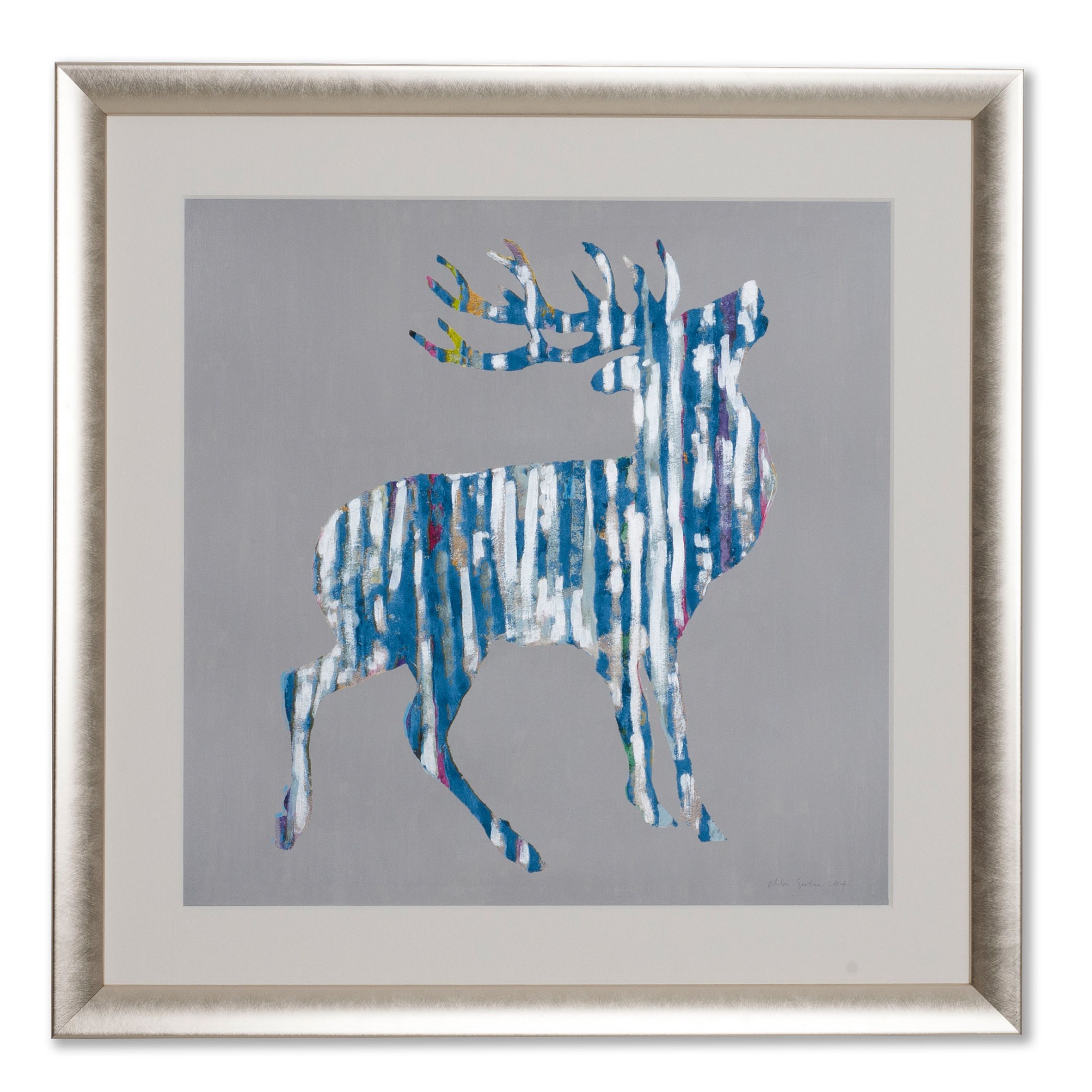 print blue stag on grey embellished with silver seen from one light