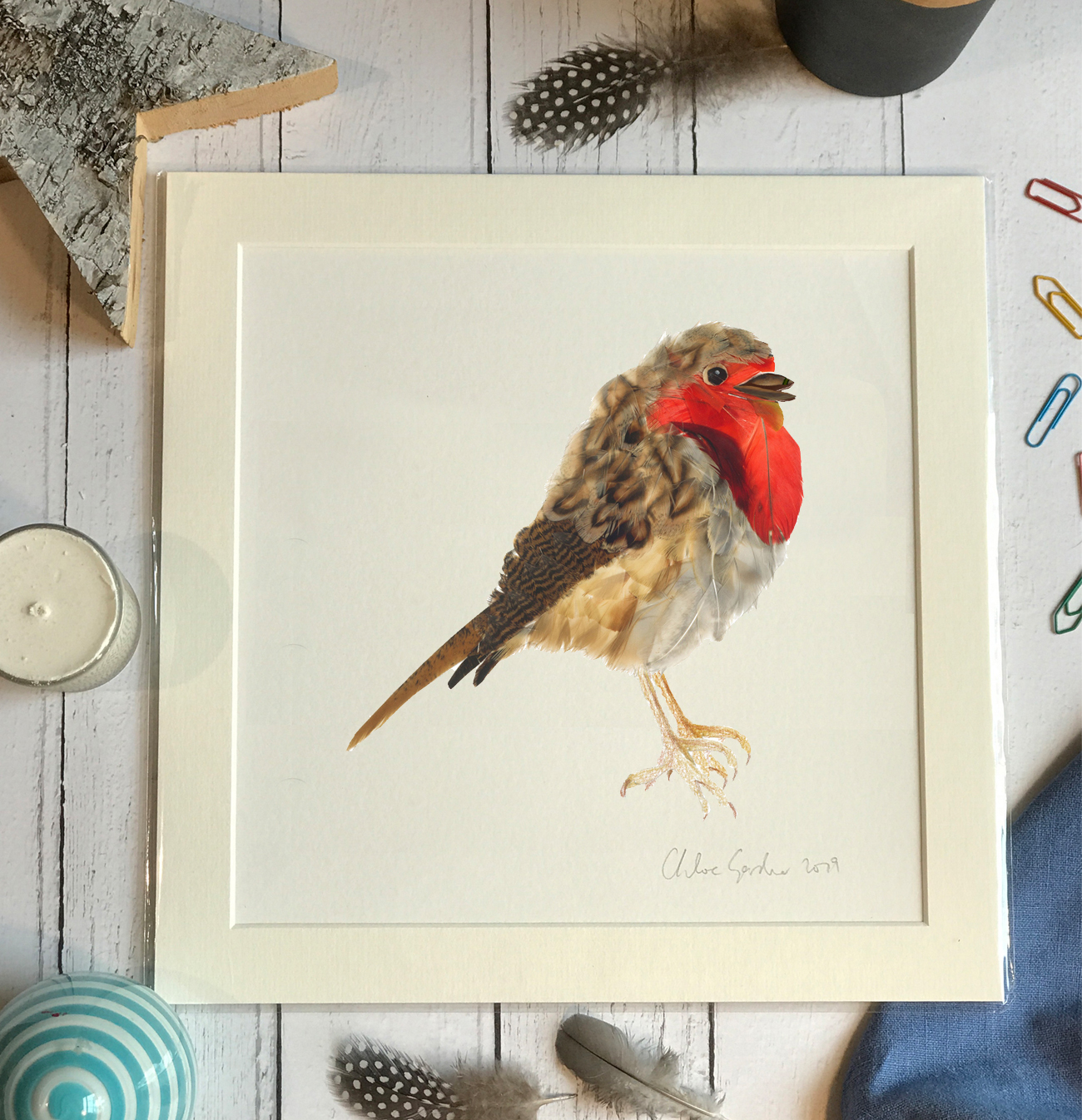 UNFRAMED Print - Square in a mount and bag for 12 inch frame - feather robin  (Avail:4 04/26)