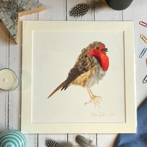 Mini Print - Square in a mount and bag for 8 inch frame - feather robin (Avail:3 04/26)